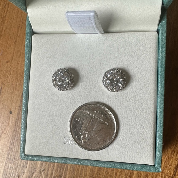 Sterling Silver Halo-Diamond Earrings - Picture 4 of 6